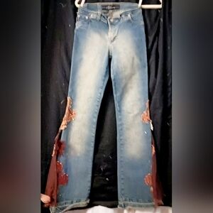 Stylish Blue Flare Jeans with Brown Accents